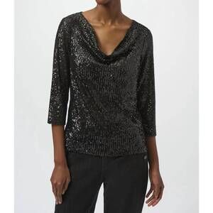 NEW JOSEPH RIBKOFF sequined cowlneck 3/4 sleeves straight top in black